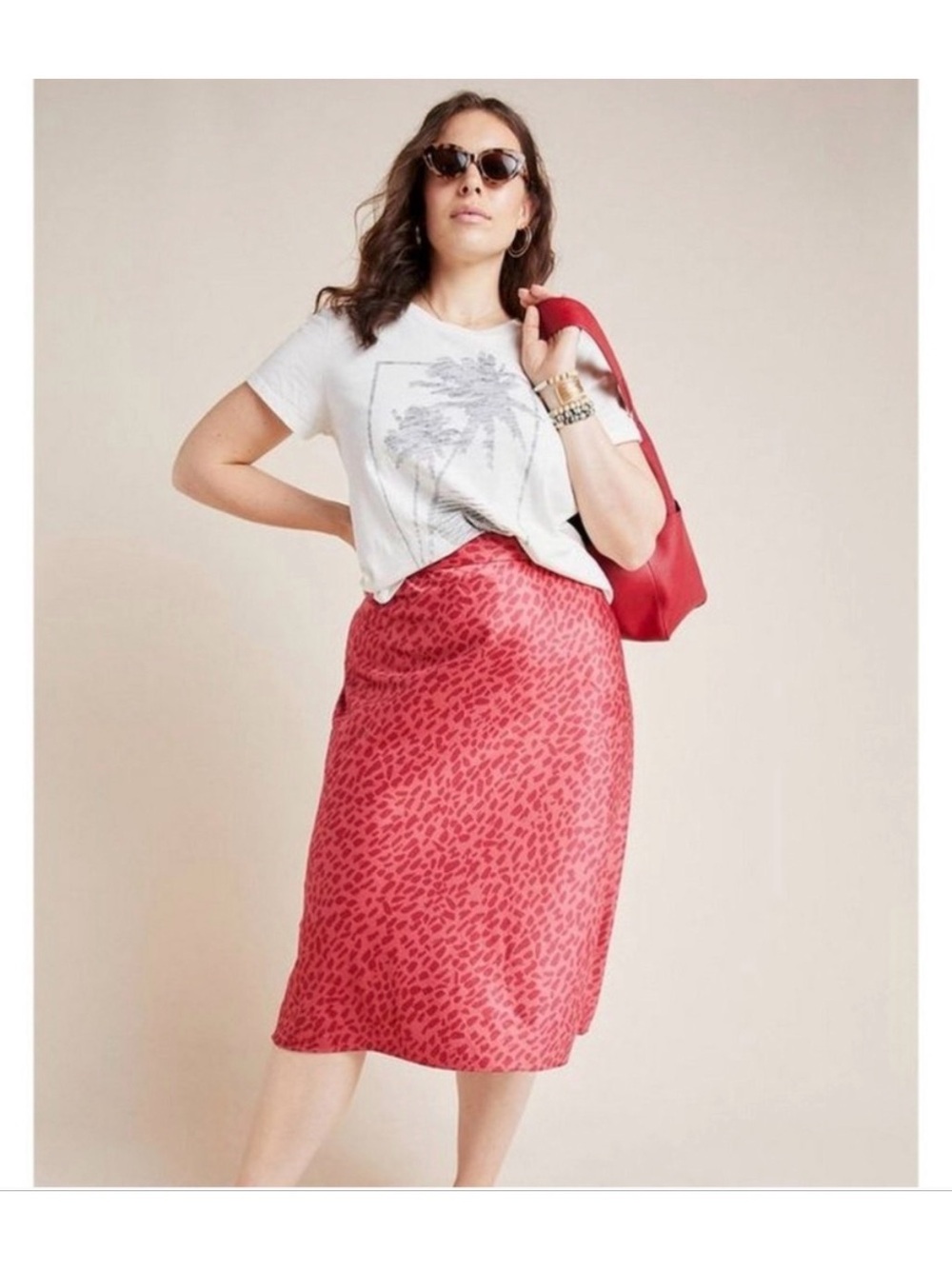 NWT Hutch Anthropologie Isla Pink Red Cheetah Print Midi Bias Cut Skirt Satin